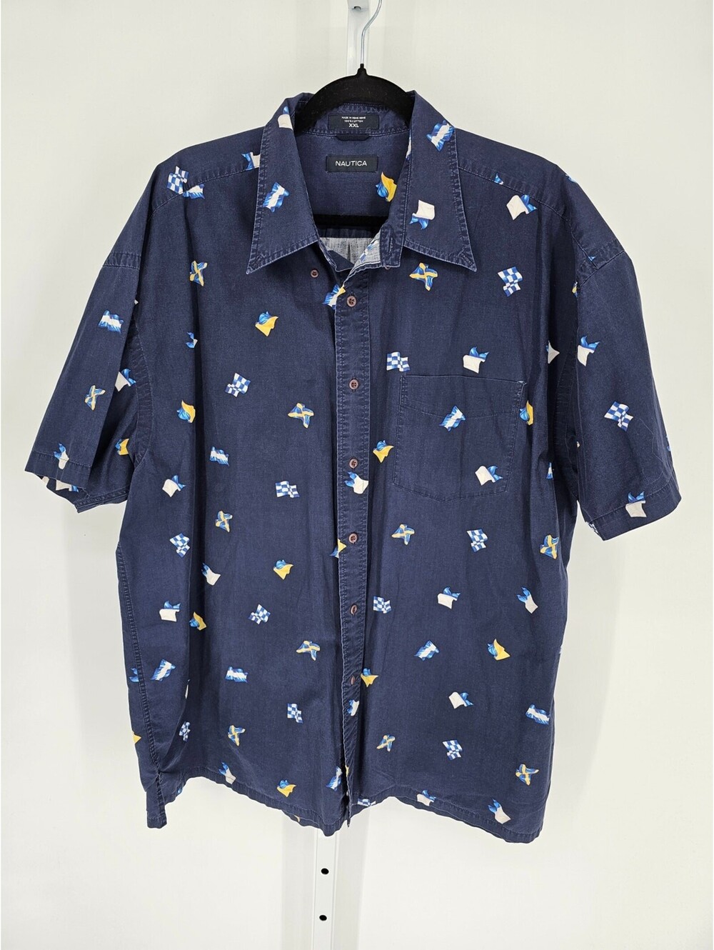 Nautica Mens Sz XXL Short Sleeve Button Up Shirt Cotton Blue Flag Print
